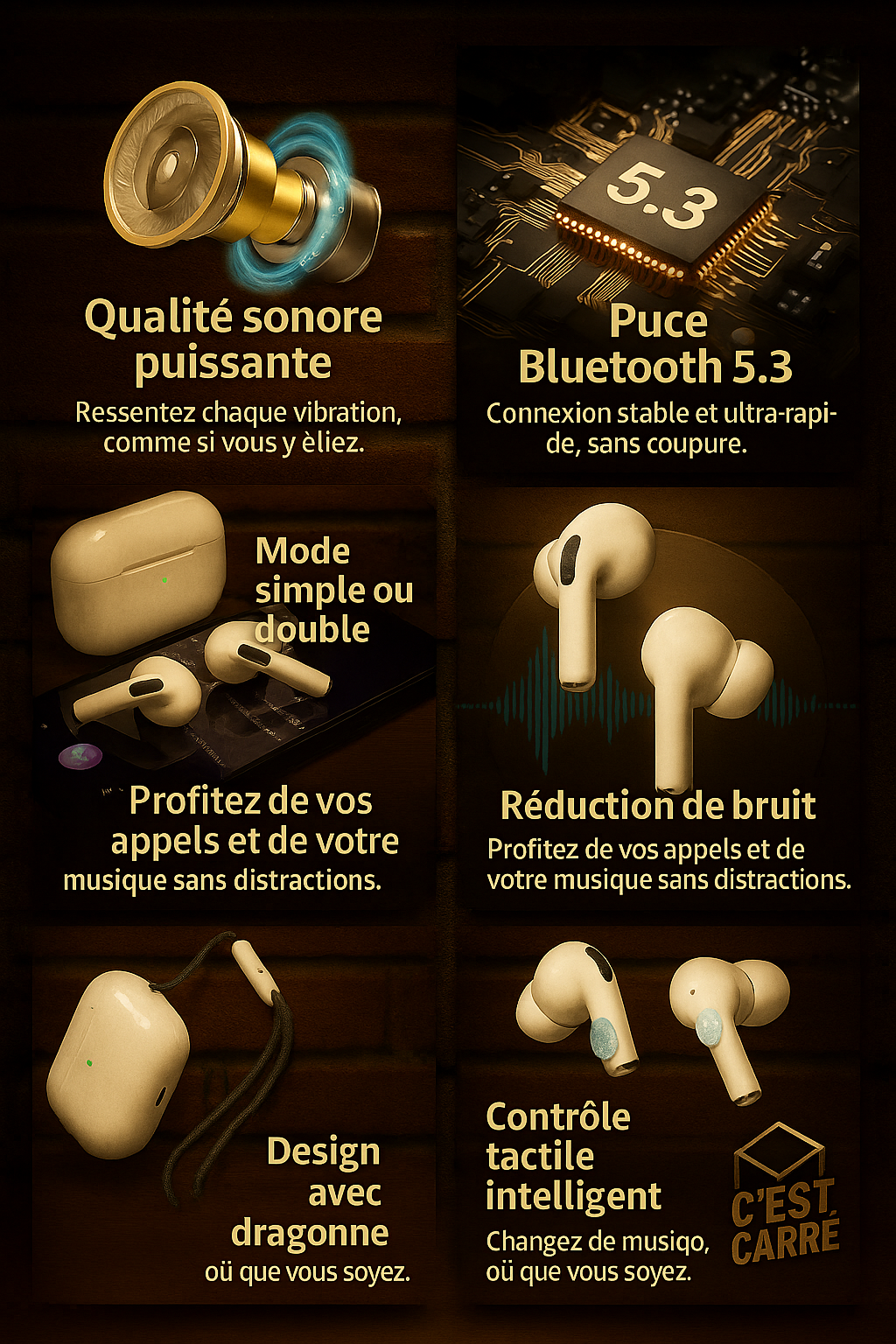 Écouteurs Bluetooth sans fil – Pack Étui & Dragonne Inclus